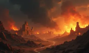 Ruiny miast płoną w ogniu, a dym zasnuwa niebo. Scena przypomina biblijną Sodomę i Gomorę po karze.