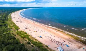 Szeroka, piaszczysta plaża z tłumem turystów i zielonym lasem w tle. To jedna z najpiękniejszych plaż w Polsce, idealna na letni wypoczynek.