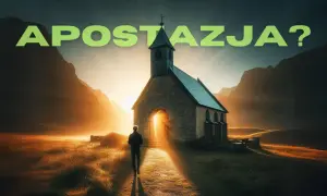 Człowiek idzie w stronę kościoła o zachodzie słońca. Czy to droga do wiary, czy apostazja?