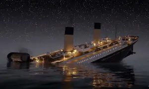 Ostatnie chwile Titanica, kiedy zatonął. Statek przechyla się, zanurzając w mrocznej wodzie pod rozgwieżdżonym niebem.