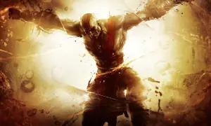 Kratos, gniewny **titan**, rozrywa więzy, otoczony złotym blaskiem i pyłem.