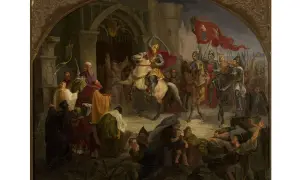 Rycerz na białym koniu z mieczem wzniesionym ku górze, witany przez tłum. Obraz symbolizuje moment, kiedy powstała Polska.