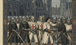Rycerze templariusze w białych płaszczach z krzyżami i w zbrojach, stojący przed katedrą.