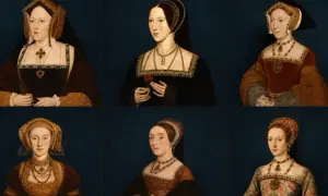 Sześć portretów żon Henryka VIII Tudor. Każda z nich nosi charakterystyczny strój epoki.