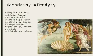 Narodziny Afrodyty, grecka bogini miłości, wyłania się z morskiej piany. Zjawiskowa postać na muszli, otoczona przez bogów i kwiaty.