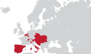 Mapa Europy z zaznaczonymi na czerwono terytoriami dawnego imperium Habsburgów.