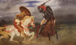 Dwóch rycerzy na koniach ściera się w walce, jak w epopei rycerskiej. Jeden w złotej zbroi na białym koniu, drugi w ciemnej na brązowym.