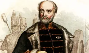 Portret mężczyzny w mundurze wojskowym, z wąsami i brodą. W tle żołnierze w nakryciach głowy. Bem.
