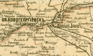 Fragment mapy z miejscowościami, m.in. Kr. Nowogeorgievsk, Nowy Dwór. Widoczne rzeki i drogi. Mapa pochodzi z okresu, gdy obowiązywał kalendarz juliański.