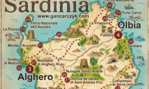 Mapa Sardynii z zaznaczonymi atrakcjami: Alghero, Olbia, Porto Cervo, Castelsardo. Zobacz, co warto zobaczyć na wyspie!