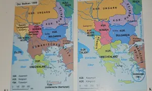 Mapy Europy Środkowo-Wschodniej z lat 1908 i 1913 pokazujące zmiany granic w krajach bałkańskich.