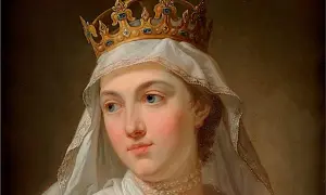 Portret kobiety z błękitnymi oczami, ozdobionej złotą koroną i perłowym naszyjnikiem. Jej głowę okrywa delikatny welon, podkreślający majestatyczne insygnia królewskie.