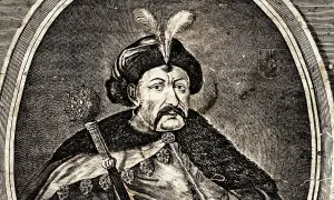 Portret Bohdana Chmielnickiego, hetmana, który odegrał kluczową rolę w walce o niepodległość, przypominając o tym, w którym roku powstało państwo ukraińskie.