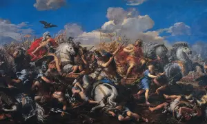Epicka bitwa pod Gaugamelą. Aleksander Wielki na białym koniu, w czerwonej pelerynie, prowadzi wojska do zwycięstwa.