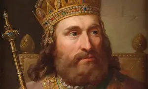Portret króla w bogatej koronie i z berłem, symbolizujący jego koronację i władzę.