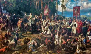 Bitwa insurekcji kościuszkowskiej. Polacy walczą z wrogiem, sztandar z Matką Boską powiewa nad armatami.