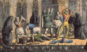 Scena historyczna przedstawiająca brutalną defenestrację. Ludzie w strojach z epoki, jeden z nich z mieczem, inni z toporem, wokół tłum.