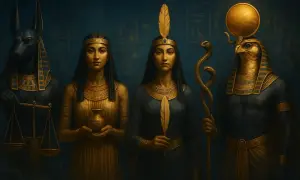 Postacie z mitologii egipskiej: Anubis z wagą, dwie kobiety, jedna z dzbanem, druga z piórem, oraz Horus z berłem.