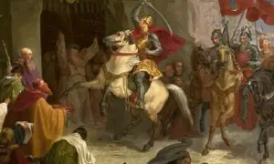 Rycerz na koniu z mieczem wzniesionym ku górze, tłum wiwatujący. Czy żyją potomkowie polskich królów?