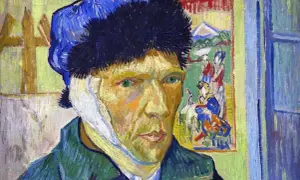Van Gogh obrazy najsłynniejsze: autoportret z zabandażowanym uchem, w tle japońska grafika.