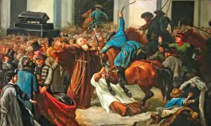 Obraz przedstawia zamieszki i starcia z żołnierzami, symbolizujące przyczyny powstania styczniowego. Widoczny jest tłum ludzi, duchowny i żołnierze na koniach.