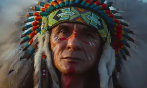 Portret mężczyzny w pióropuszu, z malowanymi wzorami na twarzy. Wygląda jak wojownik z plemienia **indianie**.