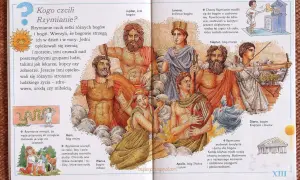 Ilustracja przedstawia panteon bogów rzymskich, w tym Jowisza, Junonę, Neptuna, Marsa, Wenus, Apollina i Dianę.