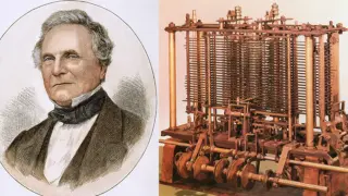 Charles Babbage i jego maszyna różnicowa, prekursor pierwszego komputera.