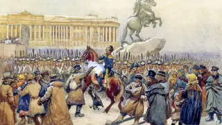 Scena powstania dekabrystów na placu. Żołnierze w szeregu, na koniu oficer, tłum widzów. W tle budynek i pomnik.