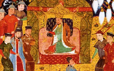 Wspaniały władca siedzi na tronie, otoczony dworzanami. Obraz ukazuje potęgę imperium mongolskiego.