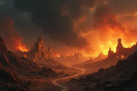 Ruiny miast płoną w ogniu, a dym zasnuwa niebo. Scena przypomina biblijną Sodomę i Gomorę po karze.