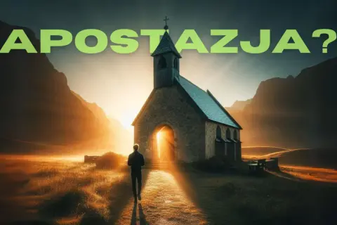 Człowiek idzie w stronę kościoła o zachodzie słońca. Czy to droga do wiary, czy apostazja?