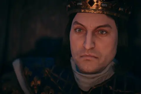 Filip piękny, król w koronie, spogląda zamyślony. Jego oczy błyszczą, a szaty zdobią złote lilie.