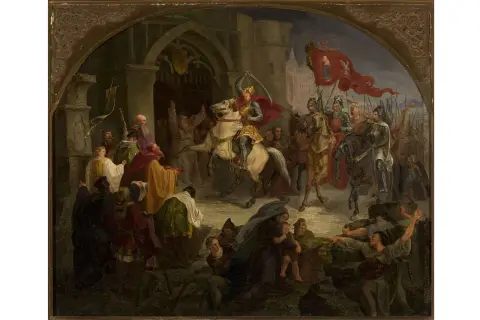 Rycerz na białym koniu z mieczem wzniesionym ku górze, witany przez tłum. Obraz symbolizuje moment, kiedy powstała Polska.