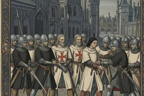 Rycerze templariusze w białych płaszczach z krzyżami i w zbrojach, stojący przed katedrą.