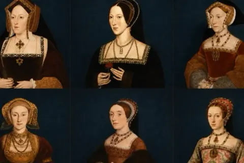 Sześć portretów żon Henryka VIII Tudor. Każda z nich nosi charakterystyczny strój epoki.