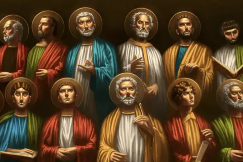 Grupa świętych z aureolami, przedstawiająca 12 apostołów w barwnych szatach, z księgami i gestami błogosławieństwa.