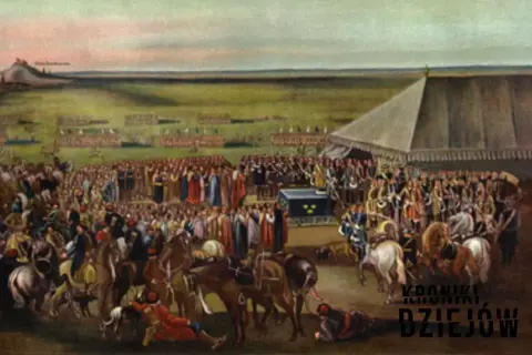 Uroczystość na polu bitwy, tłumy ludzi, namiot, wojsko w tle. Scena nawiązuje do potopu szwedzkiego, data wydarzenia nieznana.