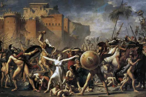 Scena z mitologii rzymskiej: kobiety próbują powstrzymać Rzymian przed porwaniem ich dzieci. Dramatyczna bitwa o przyszłość.