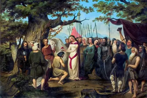 Kobieta w bieli klęka przed mężczyzną, symbolizując chrzest polski, data 966.
