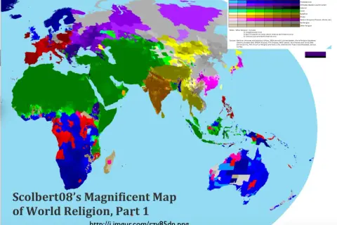 Mapa świata ukazująca rozmieszczenie religii. Różne kolory reprezentują katolicyzm, protestantyzm, islam, buddyzm i inne religie świata.