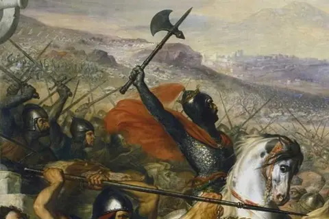 Rycerz na białym koniu wznosi topór, symbolizując bitwę pod Poitiers. W tle widać zgiełk starcia i miasto.