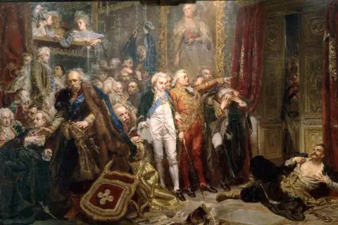 Scena dramatyczna przedstawiająca upadek Rzeczypospolitej. Postacie w historycznych strojach, chaos i rozpacz.