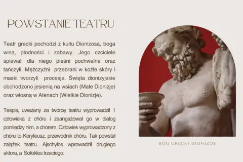 Starożytny teatr grecki narodził się z kultu Dionizosa. Rzeźba przedstawia boga wina, płodności i zabawy, patrona teatru.