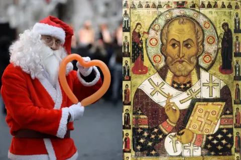Mikołaj w stroju Świętego Mikołaja trzyma pomarańczowe serce z balonu obok ikony przedstawiającej świętego Mikołaja.