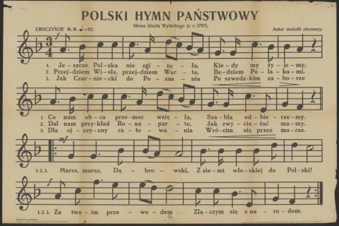 Stare nuty polskiego hymnu państwowego. Hymn ma trzy zwrotki, które śpiewamy, gdy chcemy pokazać, że Polska jest niepokonana.