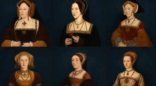 Sześć portretów żon Henryka VIII Tudor. Każda z nich nosi charakterystyczny strój epoki.