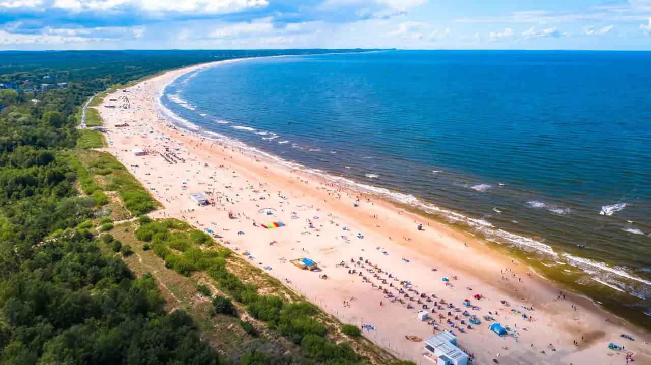 Szeroka, piaszczysta plaża z tłumem turystów i zielonym lasem w tle. To jedna z najpiękniejszych plaż w Polsce, idealna na letni wypoczynek.