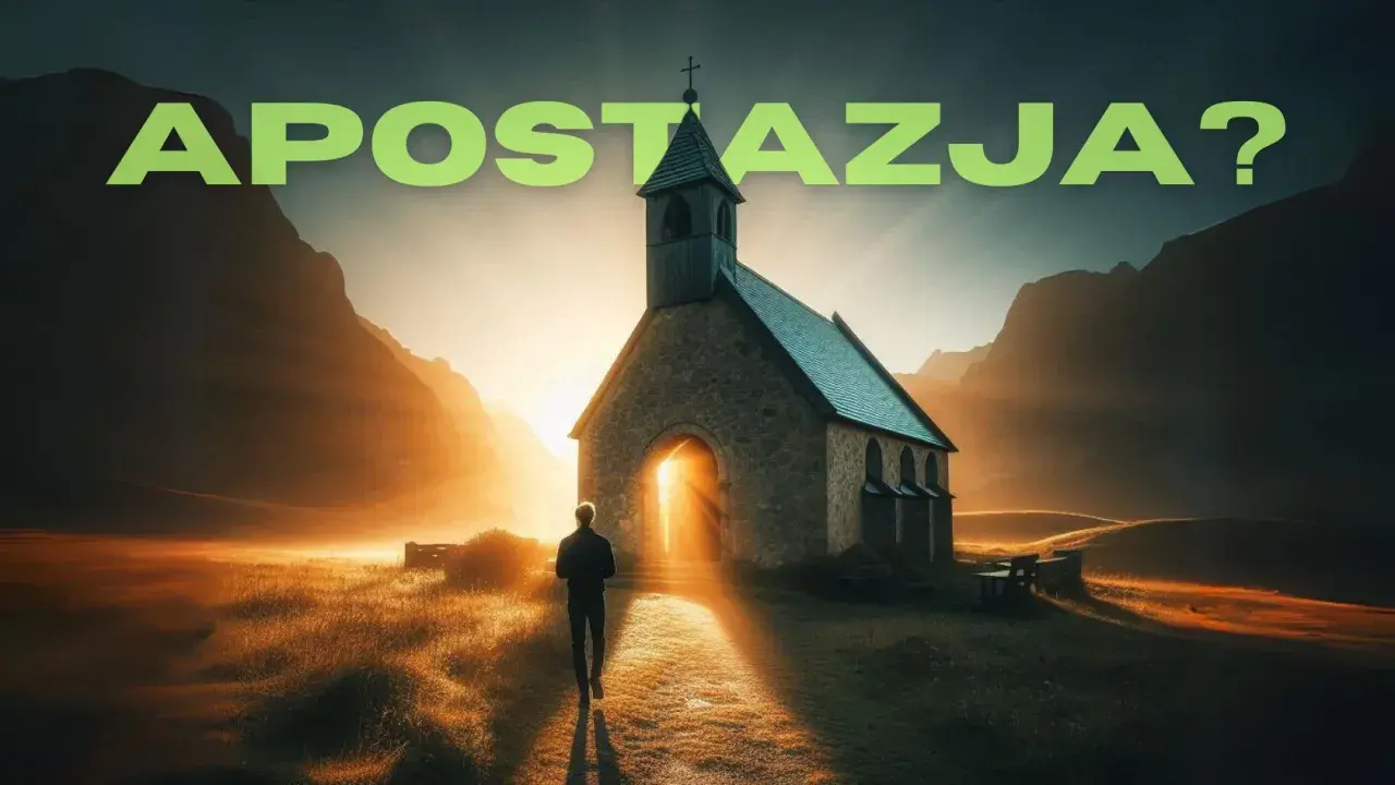 Człowiek idzie w stronę kościoła o zachodzie słońca. Czy to droga do wiary, czy apostazja?