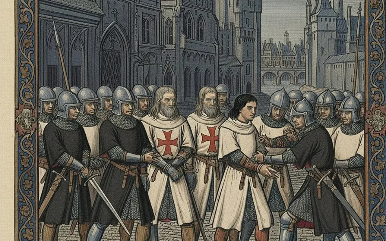Rycerze templariusze w białych płaszczach z krzyżami i w zbrojach, stojący przed katedrą.